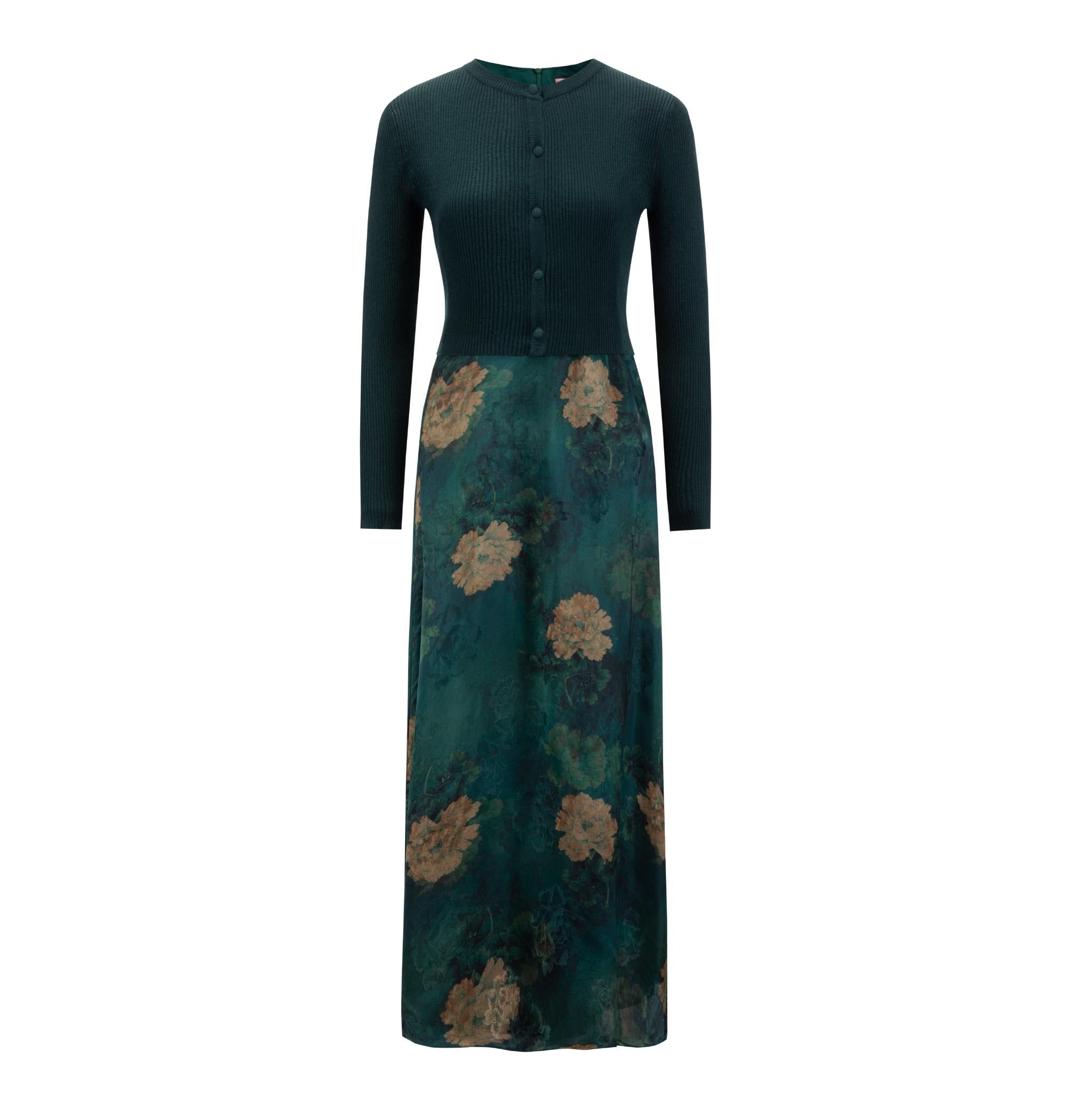 Green And Gold Floral Printed Dress With Overlay Cardigan