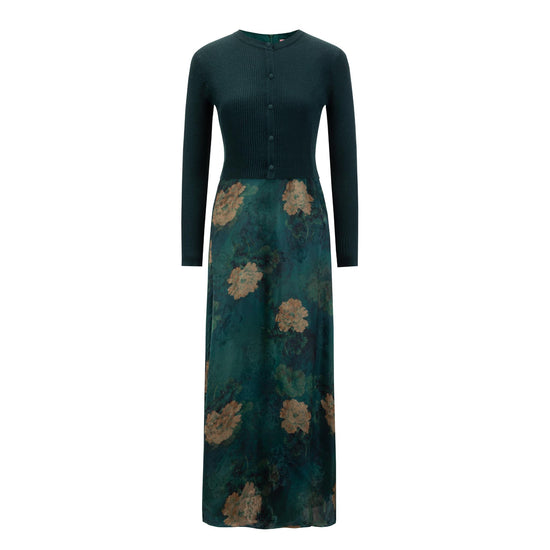 Green And Gold Floral Printed Dress With Overlay Cardigan