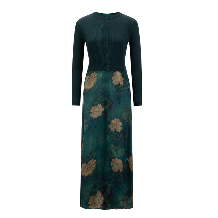 Green And Gold Floral Printed Dress With Overlay Cardigan