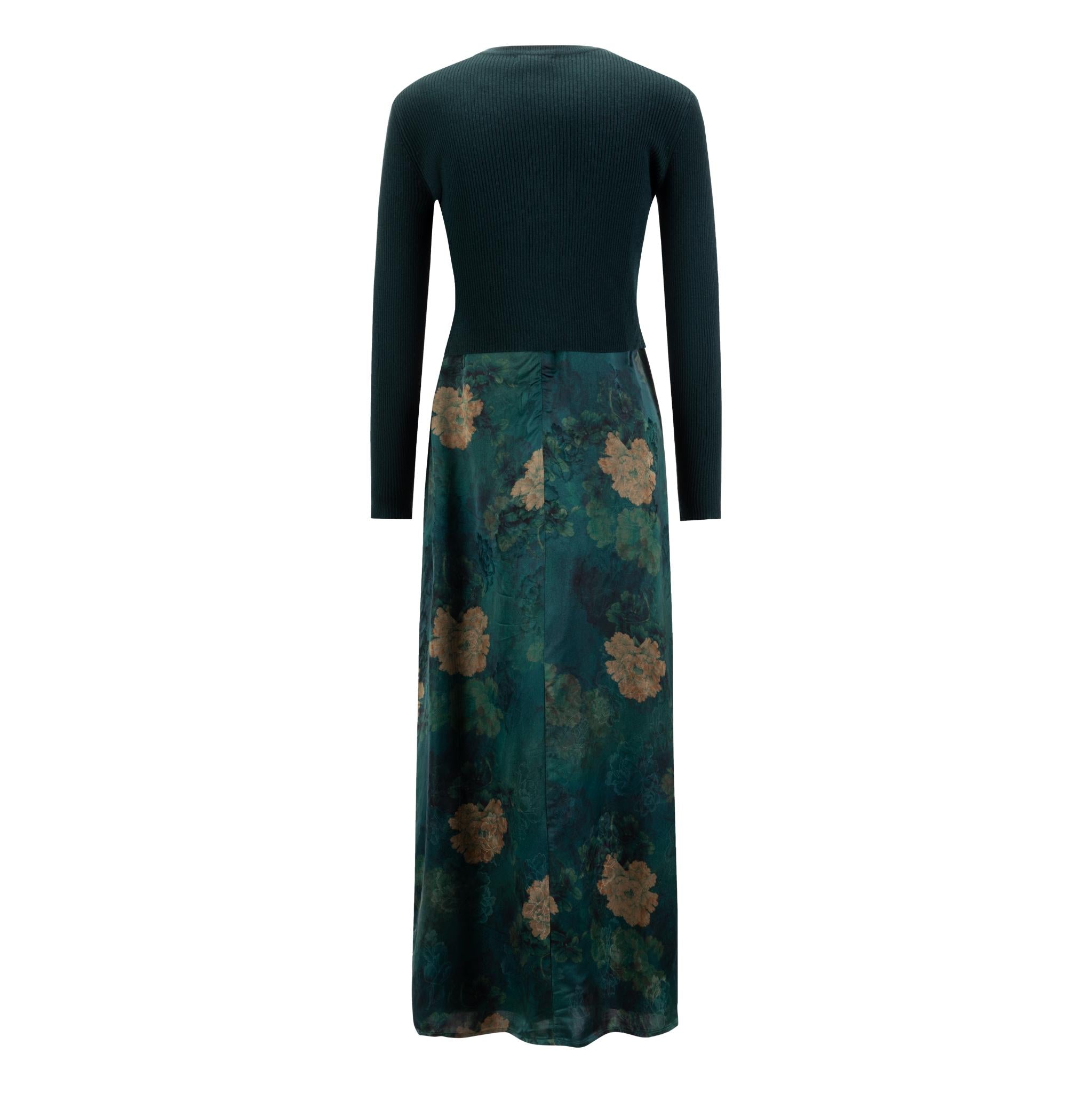 Green And Gold Floral Printed Dress With Overlay Cardigan