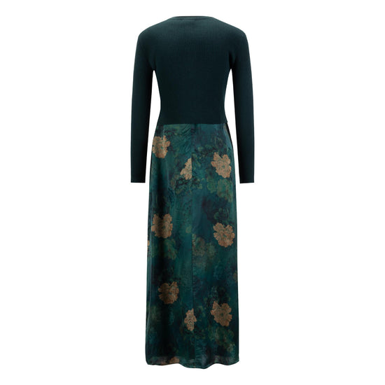 Green And Gold Floral Printed Dress With Overlay Cardigan