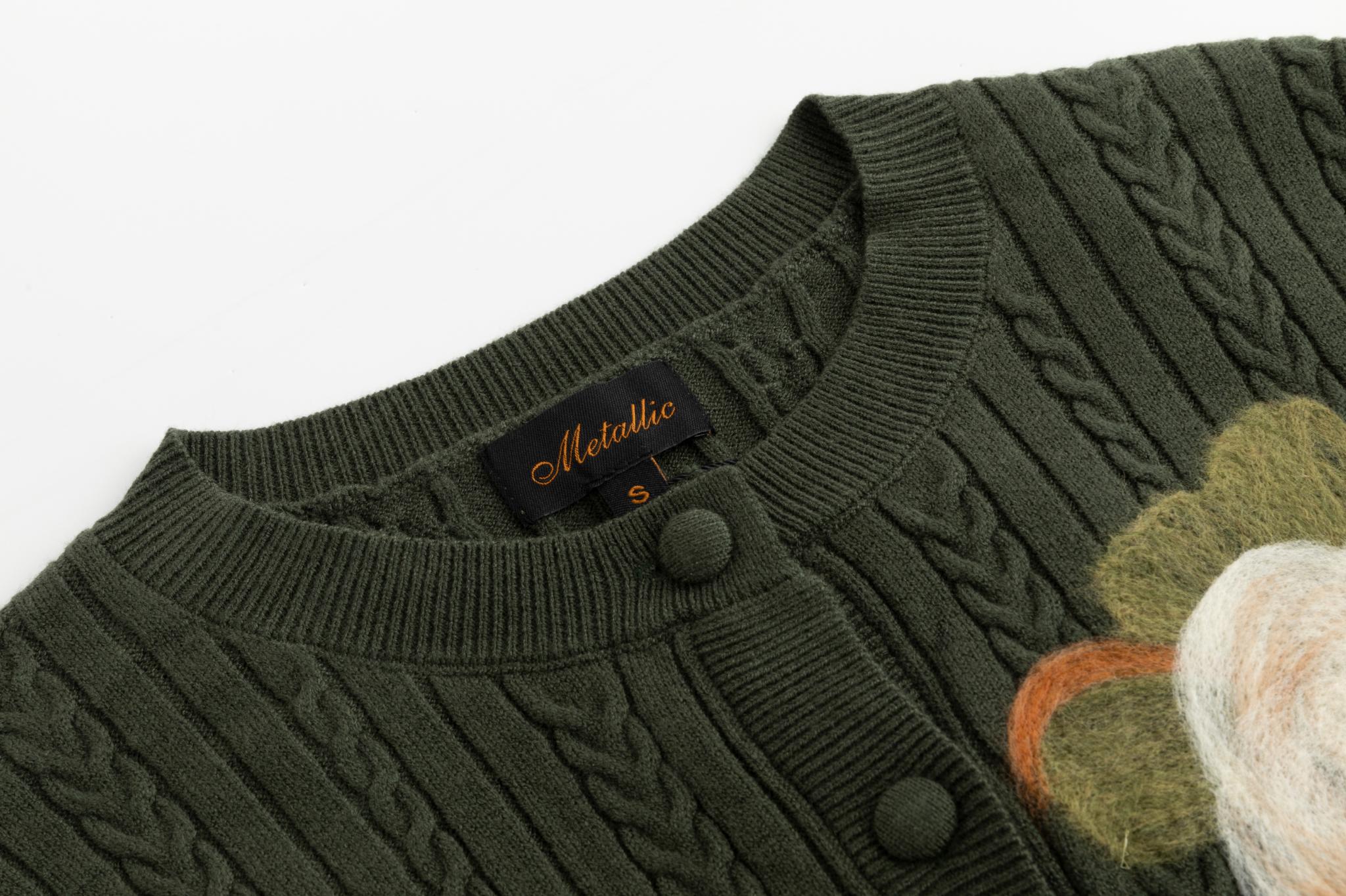 Green Cable Floral Fuzz Cardigan