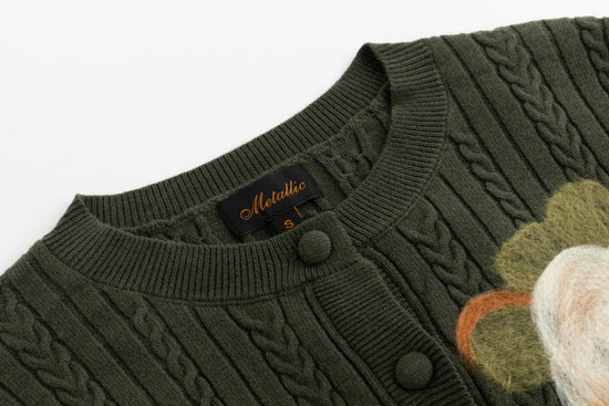 Green Cable Floral Fuzz Cardigan