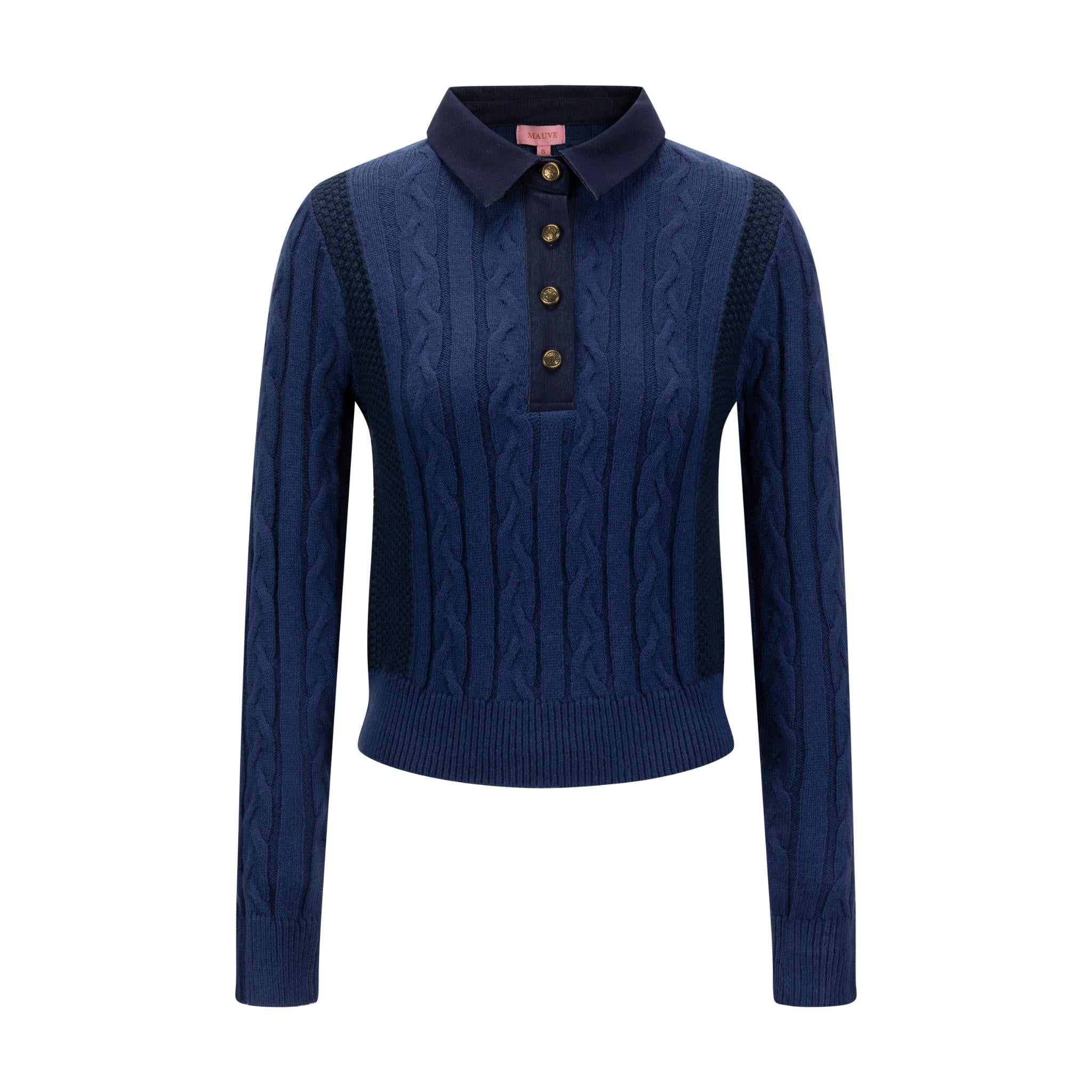 Multi Colored Blue Cable Knit Henley Sweater