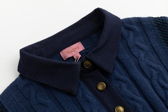 Multi Colored Blue Cable Knit Henley Sweater