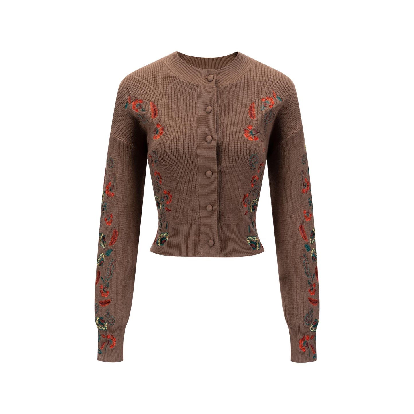Cardigan With Red Flower Embroidery - Brown
