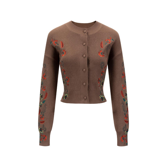 Cardigan With Red Flower Embroidery - Brown