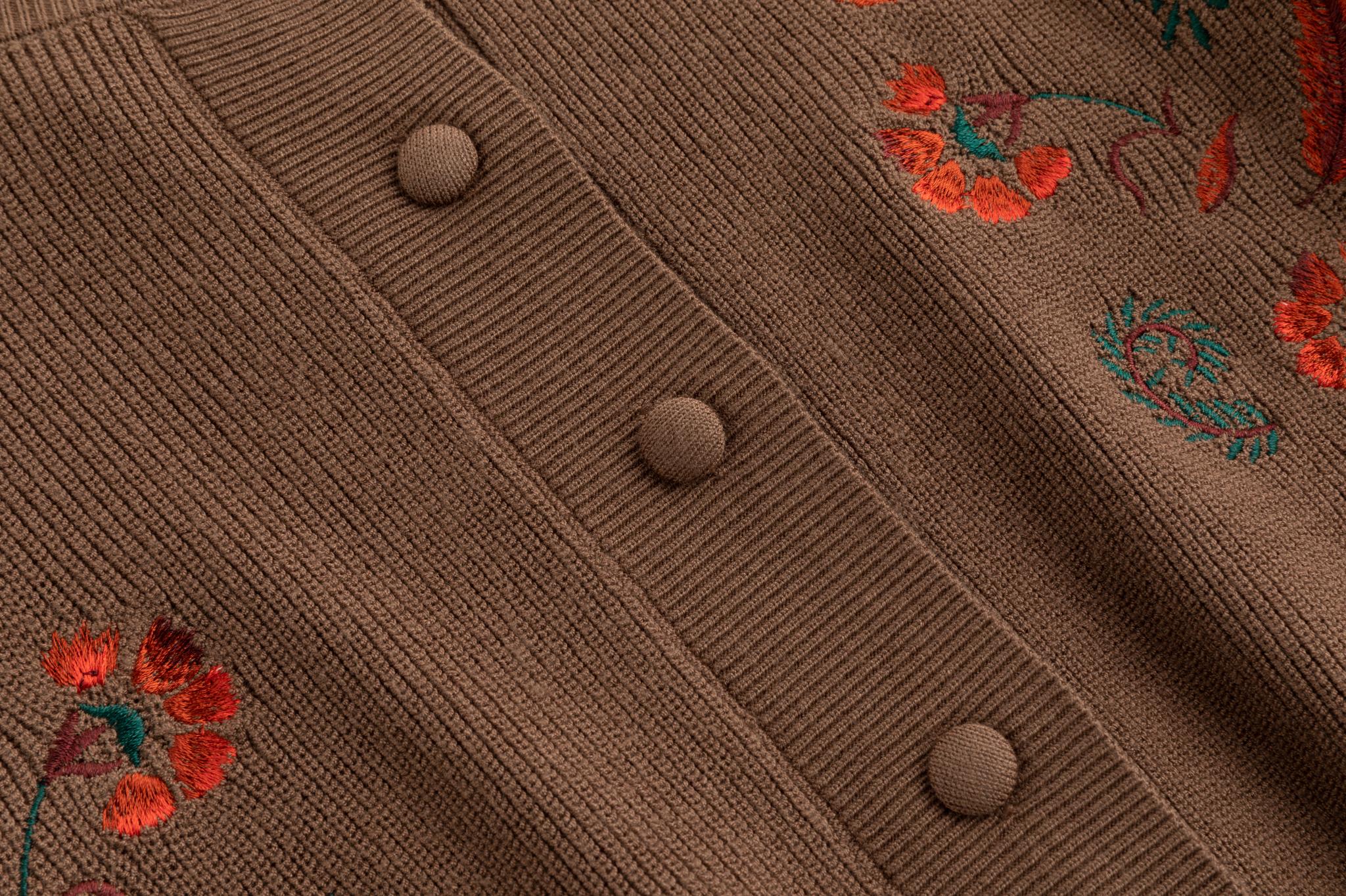 Cardigan With Red Flower Embroidery - Brown