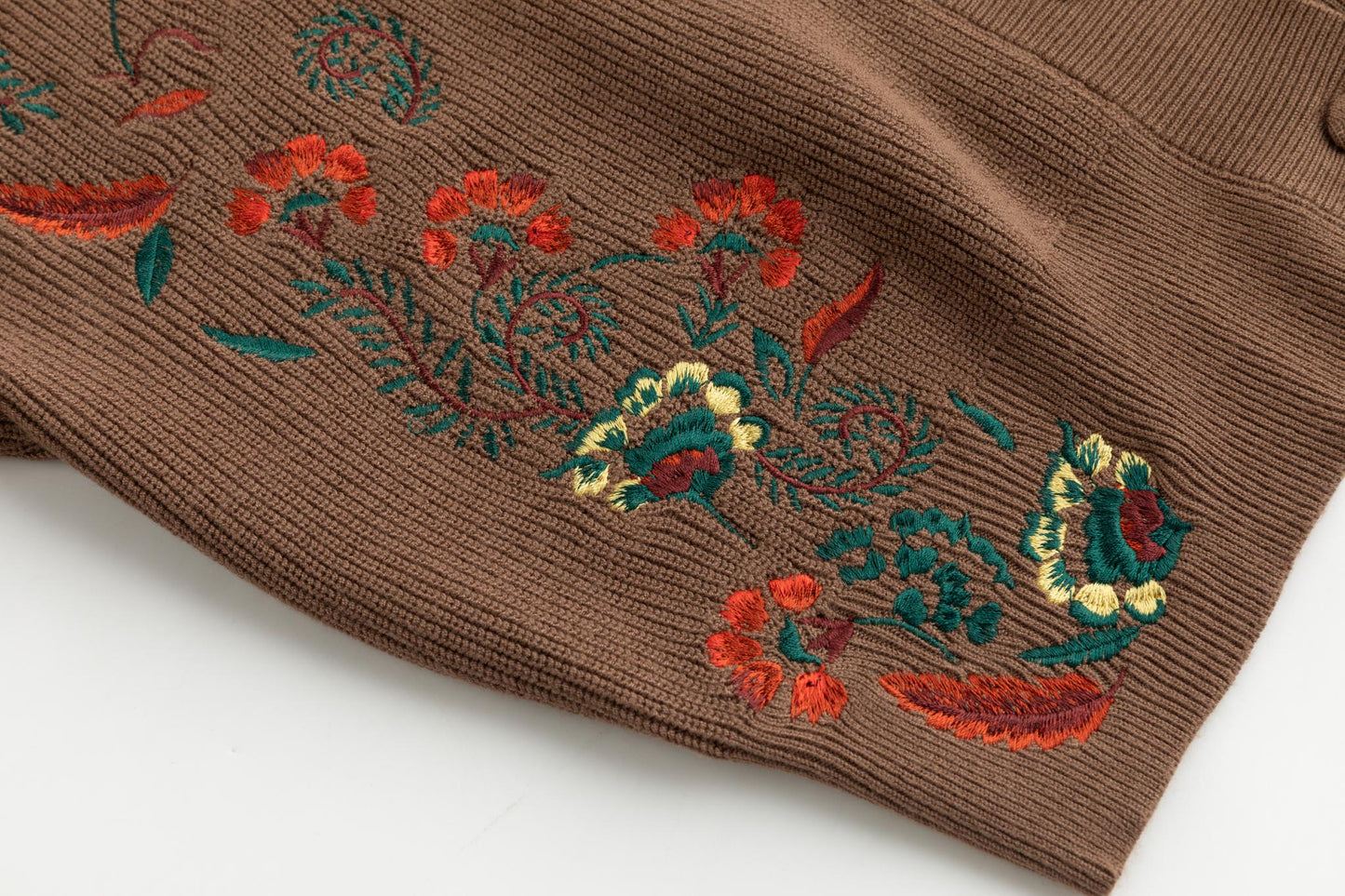 Cardigan With Red Flower Embroidery - Brown