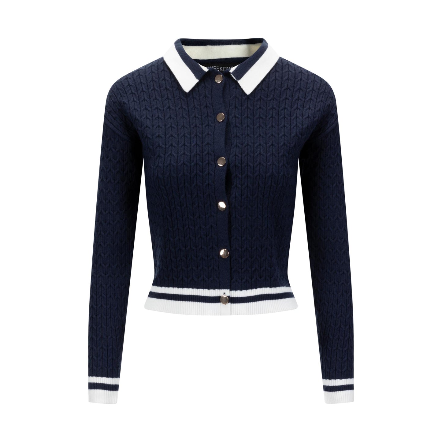Navy Cable Knit Button Down Sweater With White Stripe Detail
