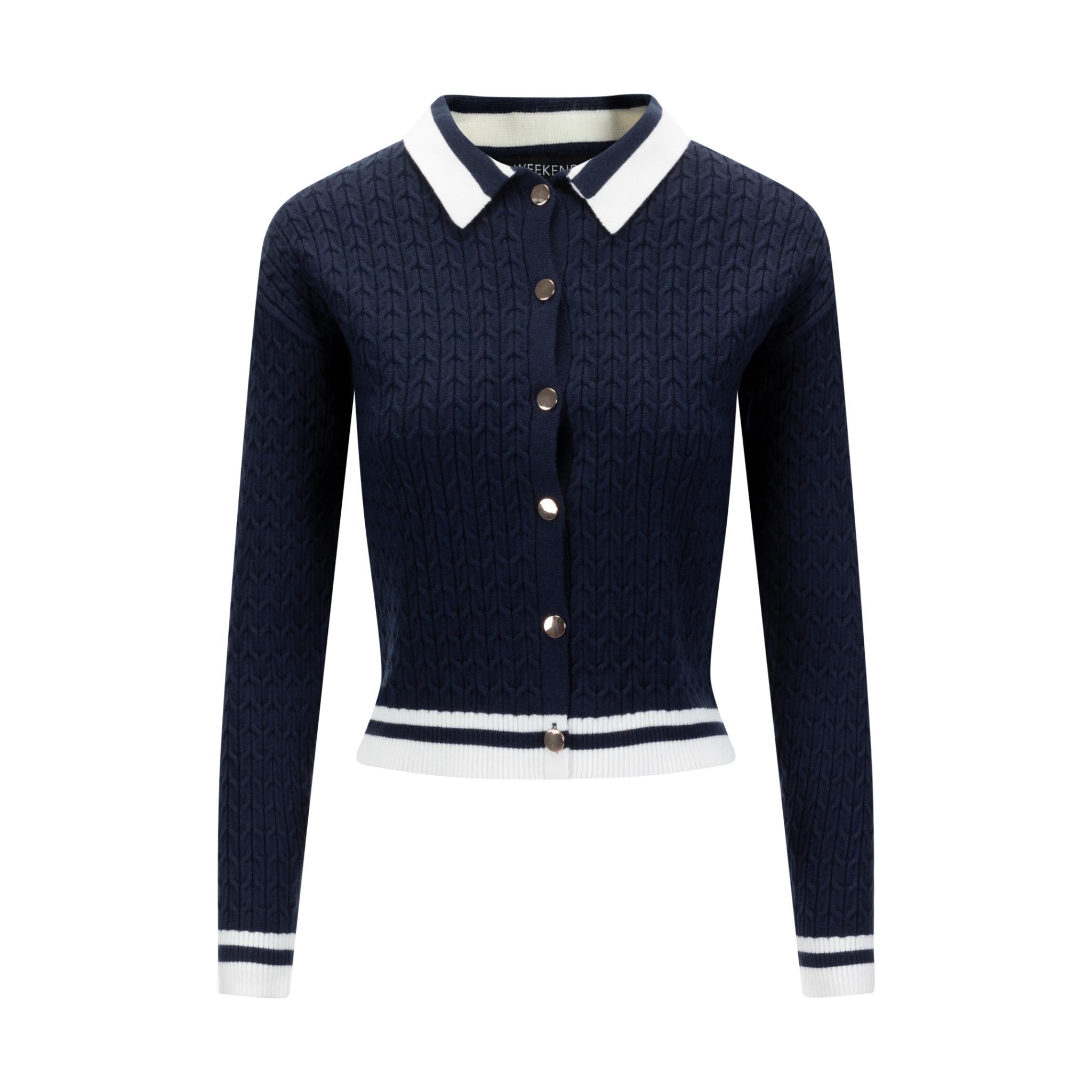 Navy Cable Knit Button Down Sweater With White Stripe Detail