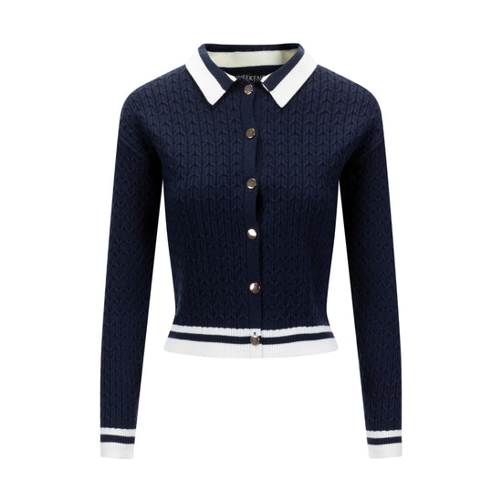 Navy Cable Knit Button Down Sweater With White Stripe Detail