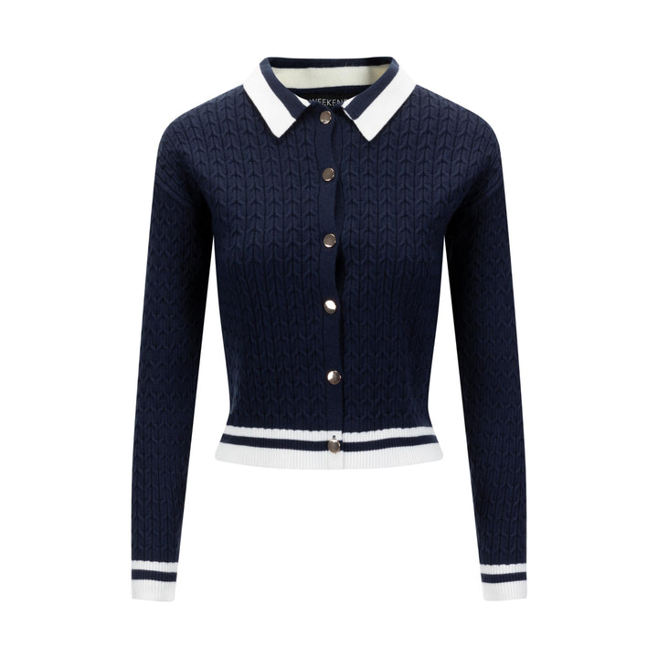 Navy Cable Knit Button Down Sweater With White Stripe Detail