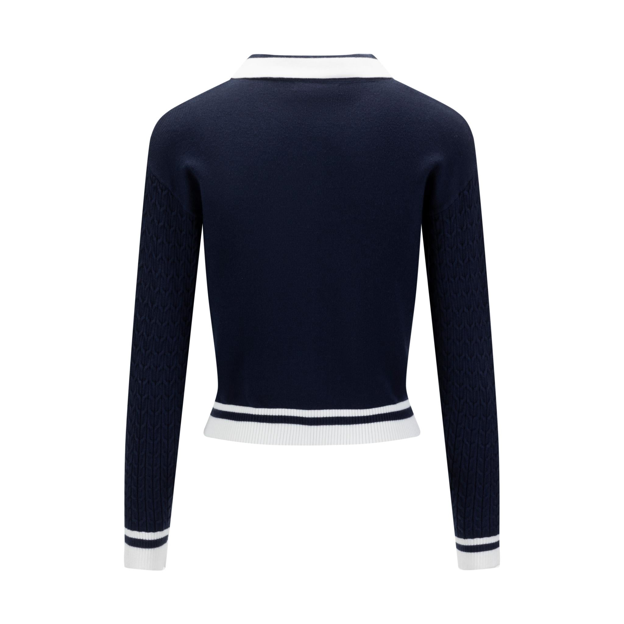 Navy Cable Knit Button Down Sweater With White Stripe Detail