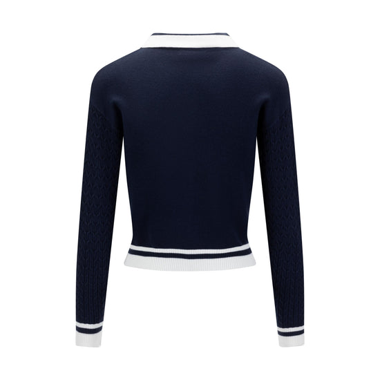 Navy Cable Knit Button Down Sweater With White Stripe Detail
