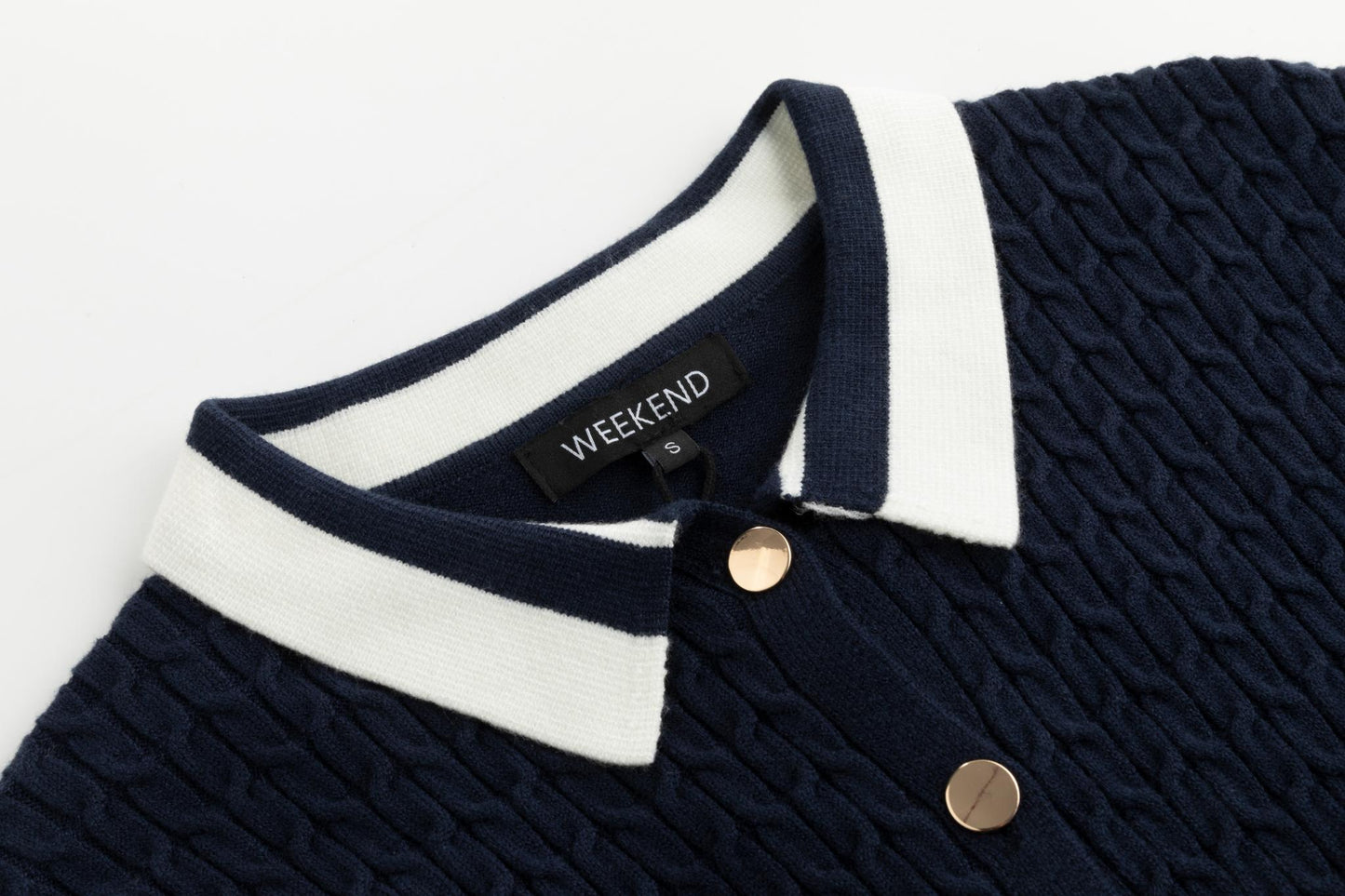 Navy Cable Knit Button Down Sweater With White Stripe Detail