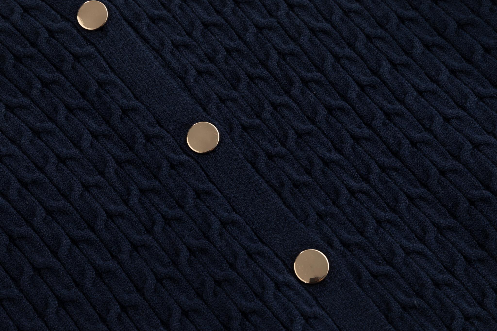 Navy Cable Knit Button Down Sweater With White Stripe Detail