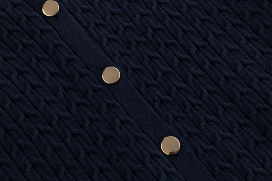 Navy Cable Knit Button Down Sweater With White Stripe Detail
