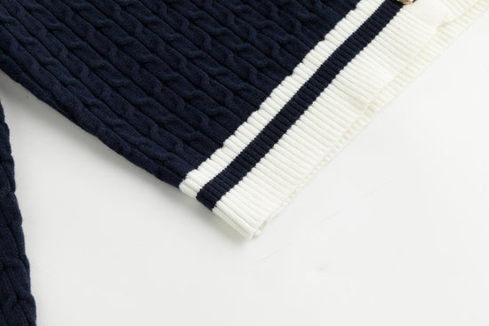 Navy Cable Knit Button Down Sweater With White Stripe Detail