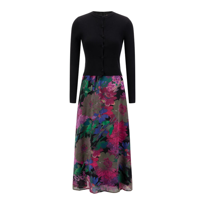 Multicolor Flower Printed Black Dress With Black Cardigan
