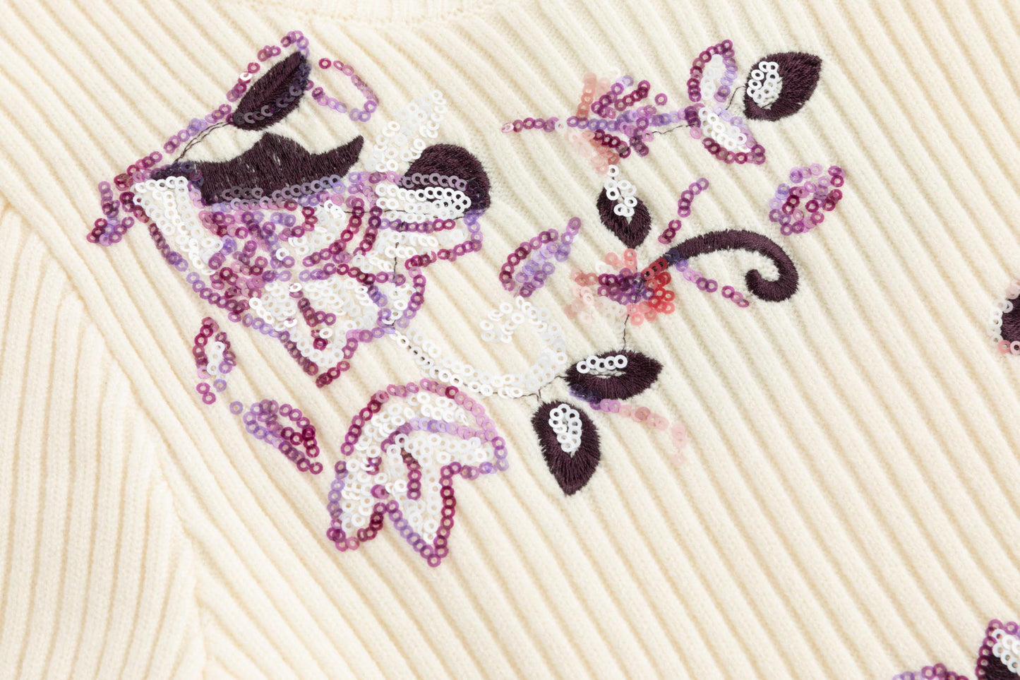 Burgundy Sequin Detailed Knit Top - Ivory
