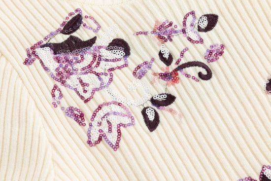 Burgundy Sequin Detailed Knit Top - Ivory