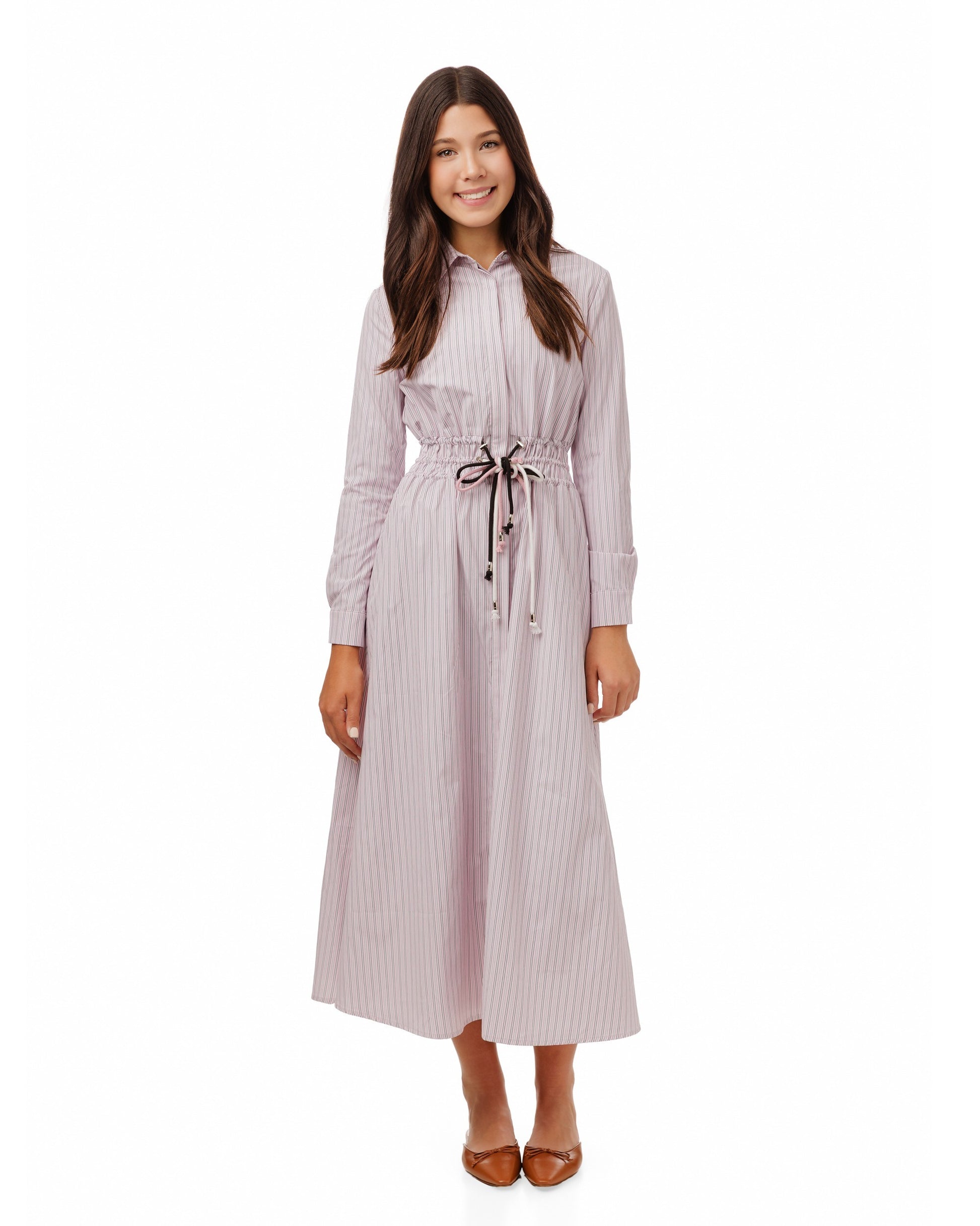 Drawstring Detail Striped Dress - Pink