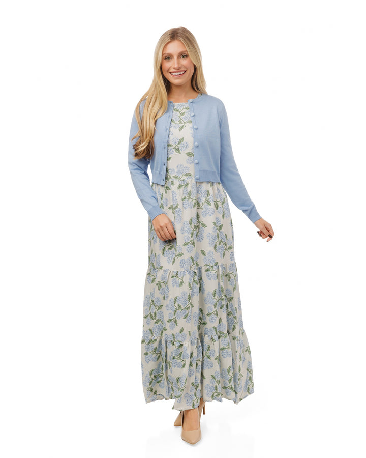 White And Blue Floral Dress With Knit Cardigan