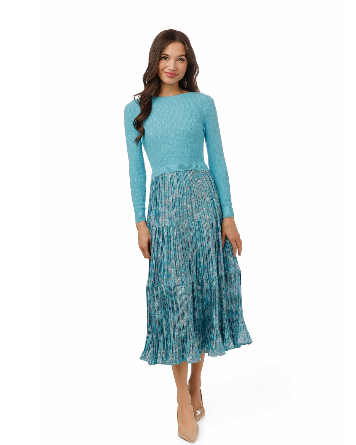 Blue And White Printed Dress With Attached Knit