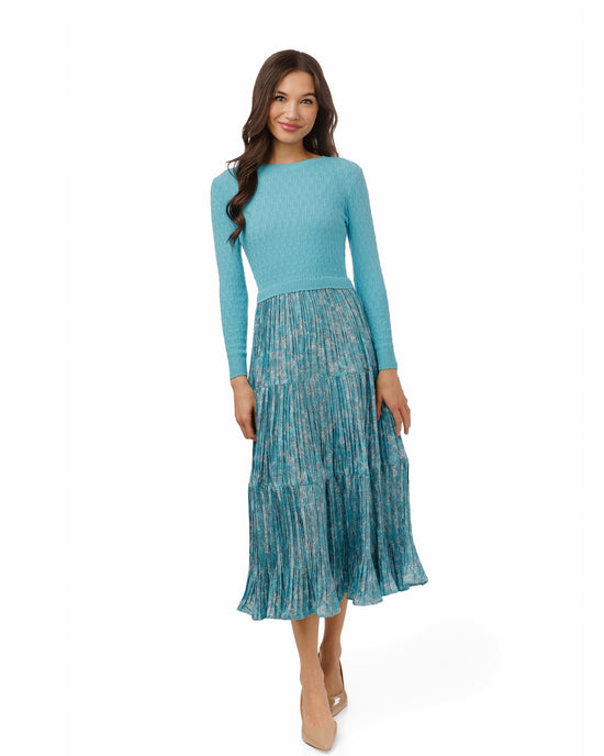 Blue And White Printed Dress With Attached Knit