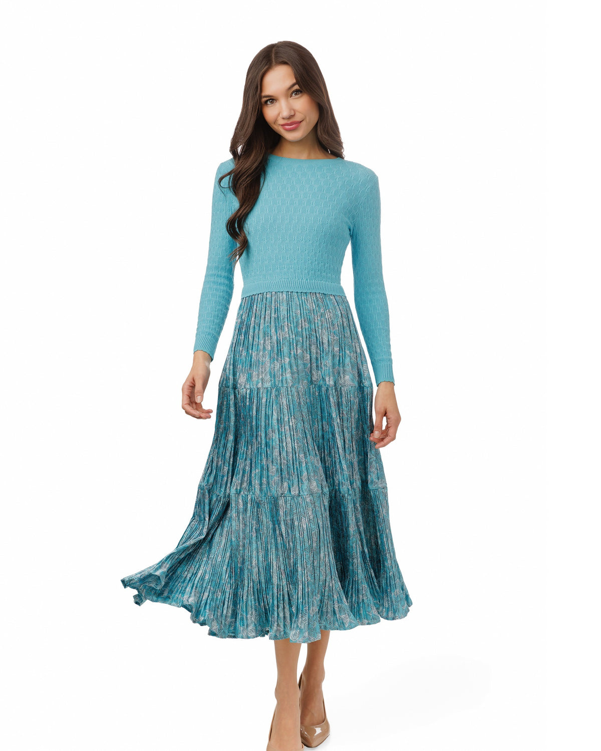 Blue And White Printed Dress With Attached Knit