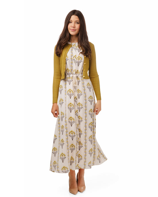 White And Olive Blossom Dress With Olive Cardigan