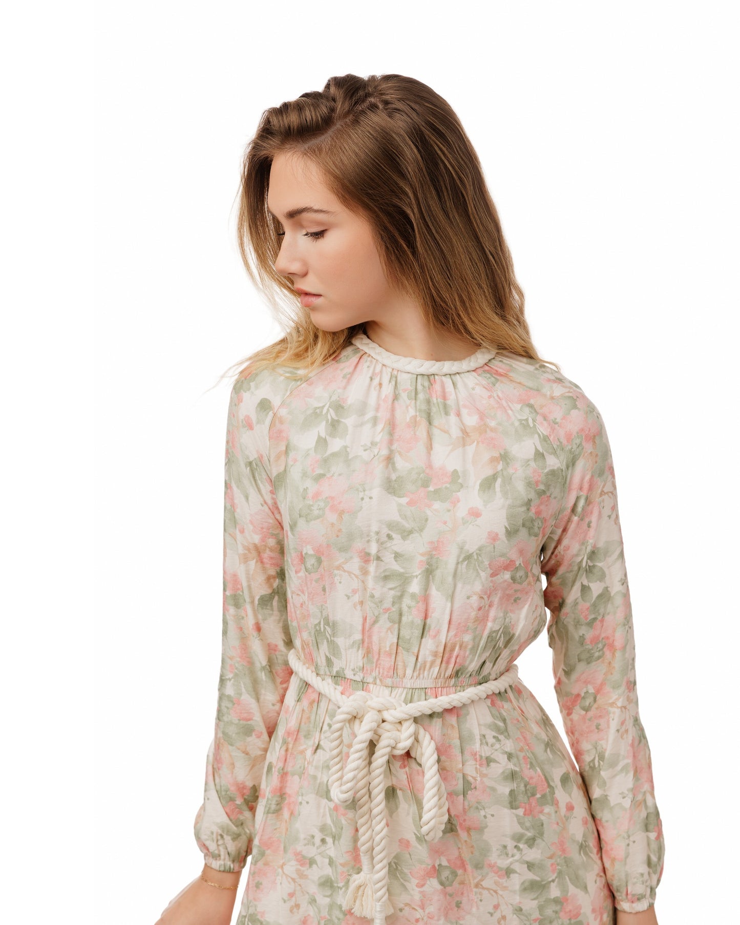 Braided Collar Detail Pink And Green Dress