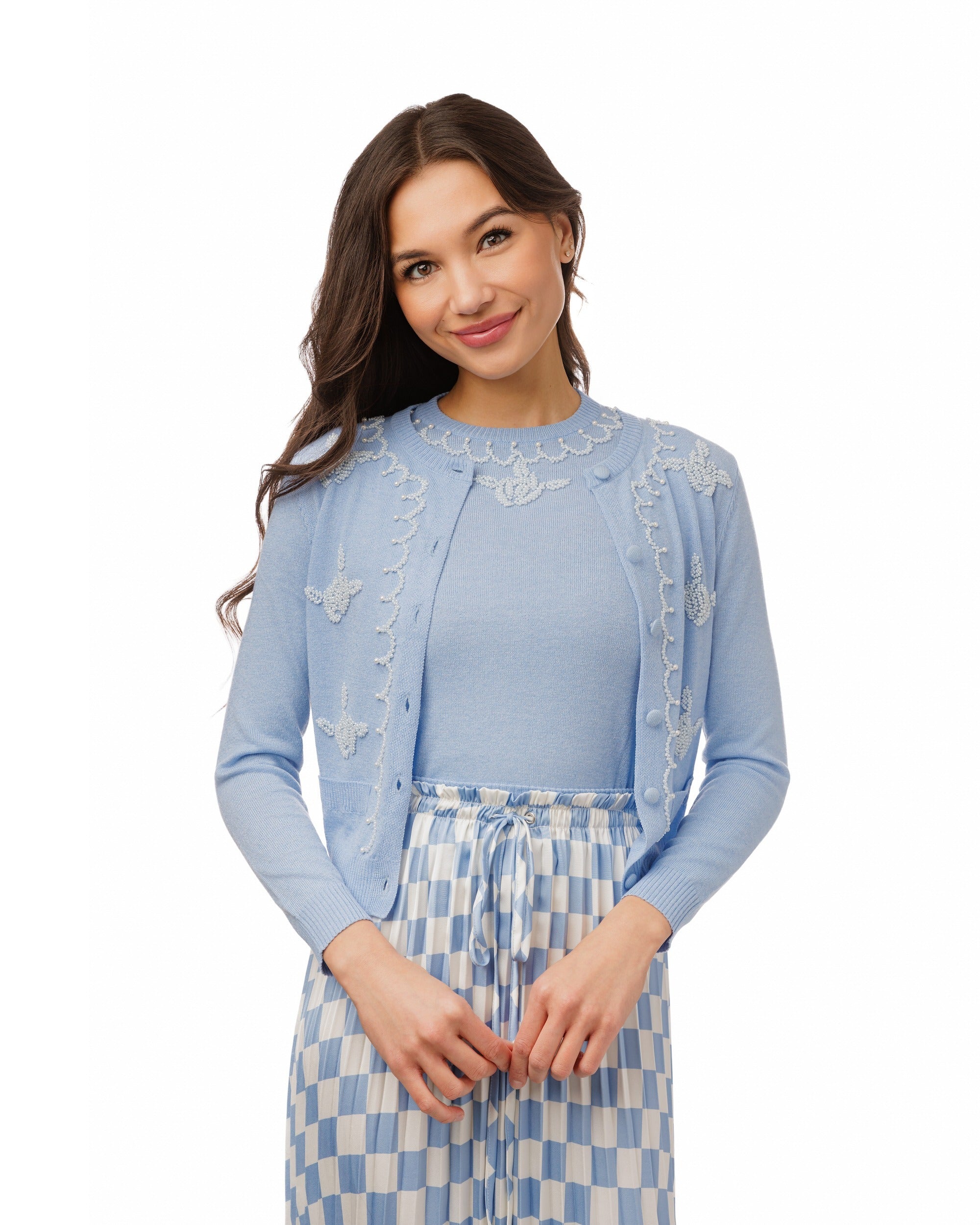 Light Blue Knit Twinset With Pearls
