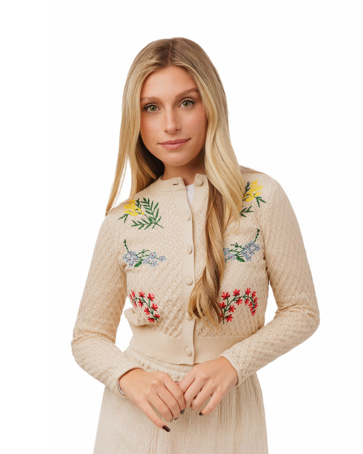 Tan Knit Textured Cardigan With Embroidered Flowers
