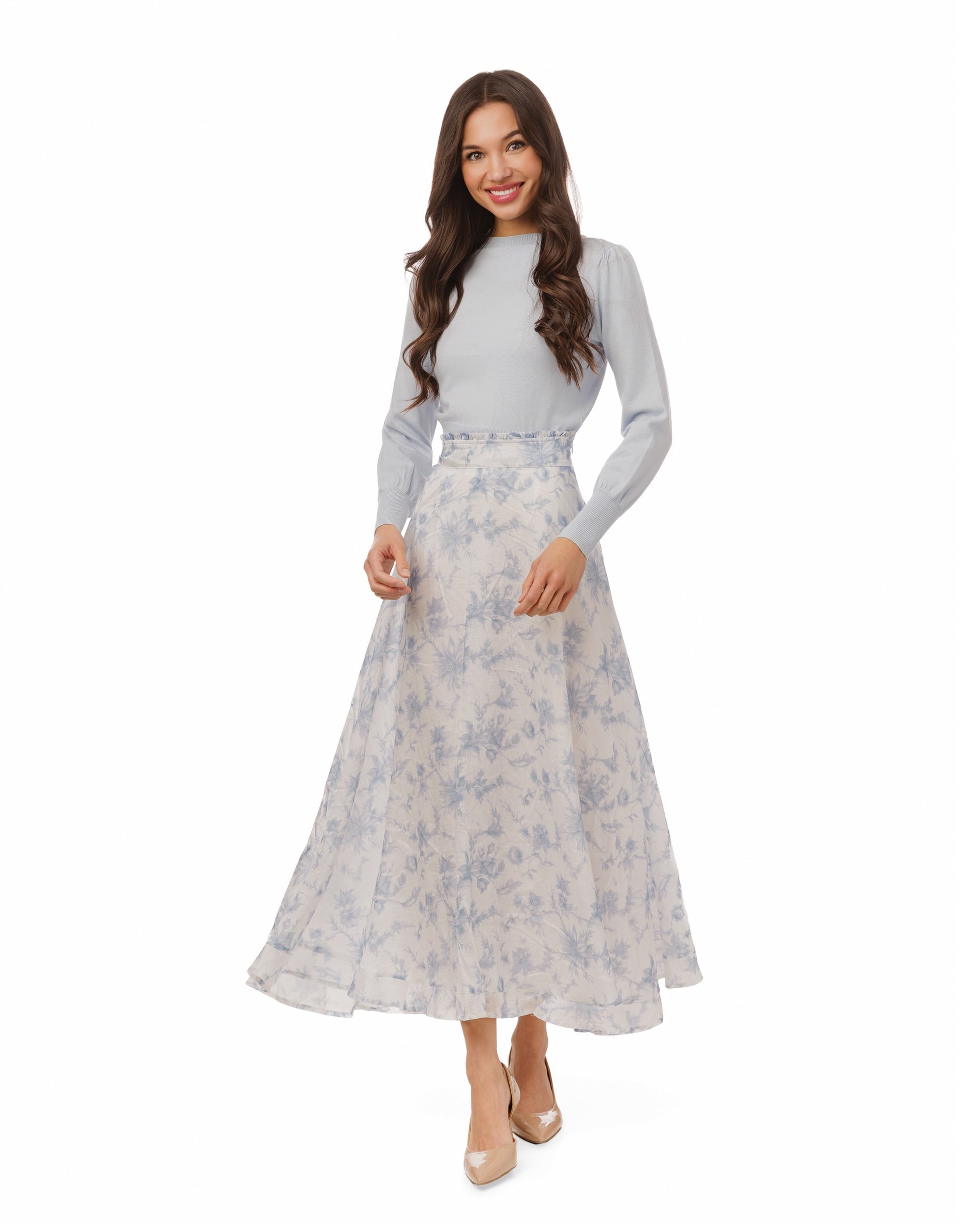 Light Blue & White Printed Floral Chiffon Skirt
