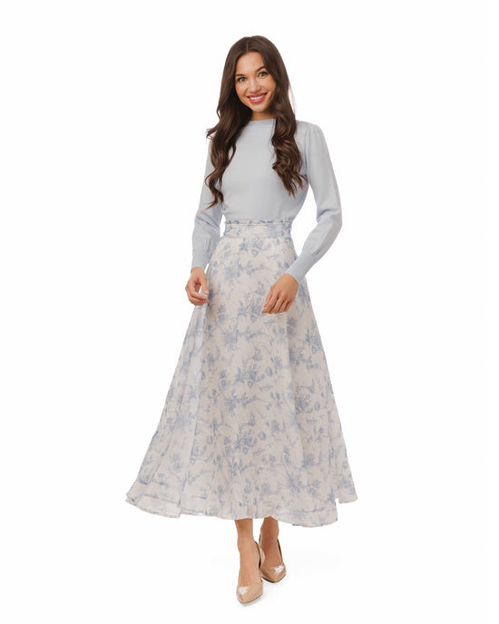 Light Blue & White Printed Floral Chiffon Skirt