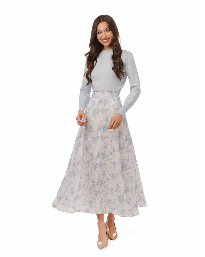 Light Blue & White Printed Floral Chiffon Skirt