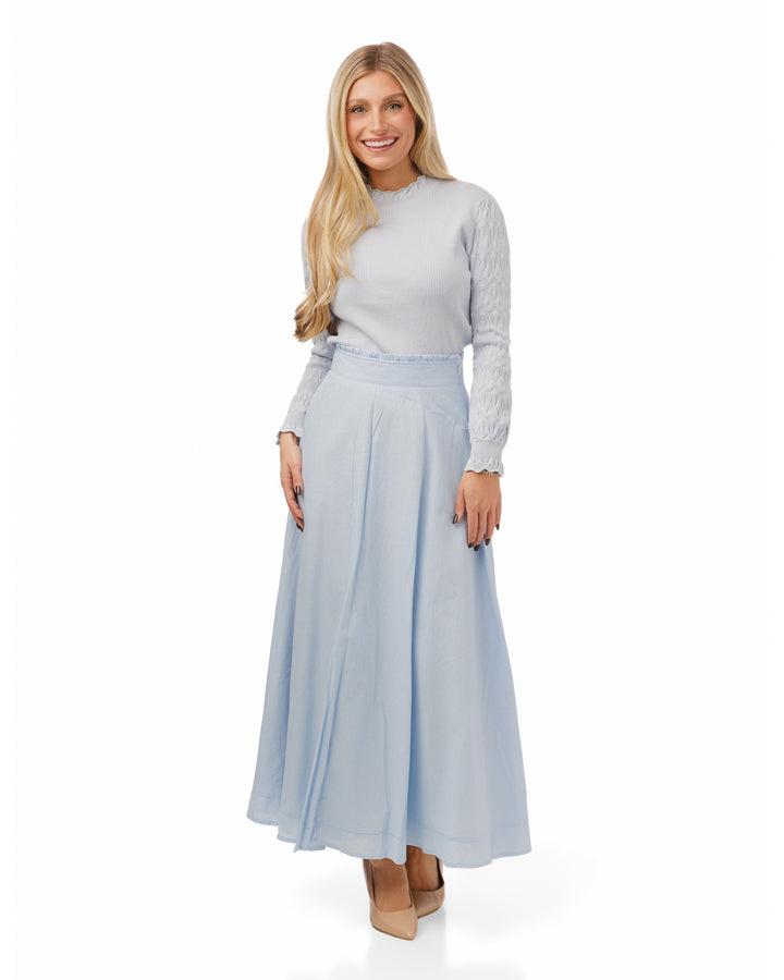 Cotton Skirt With Fringed Waistband - Light Blue