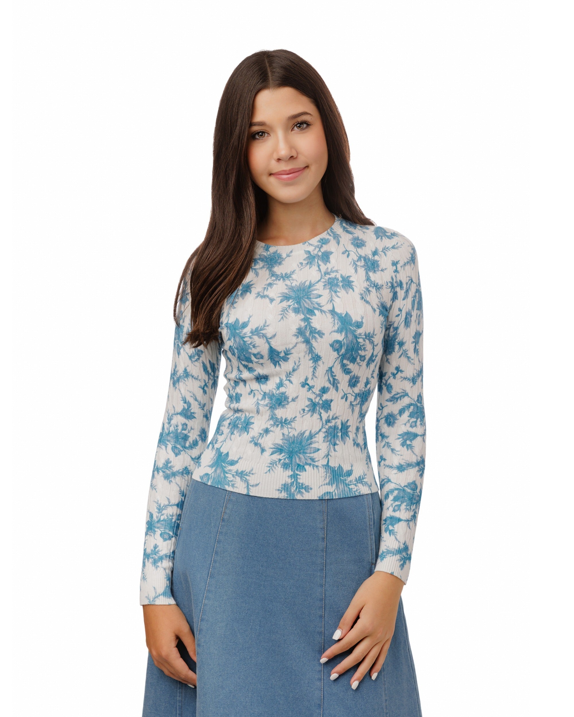 Light Blue And White Printed Cable Knit