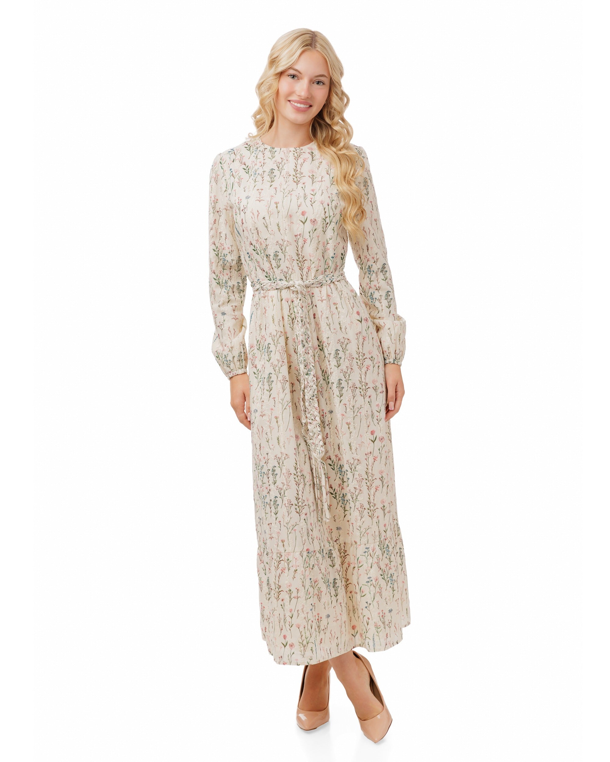 Multi Floral Embroidered Beige Dress With Braided Belt
