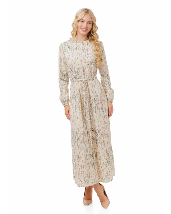Multi Floral Embroidered Beige Dress With Braided Belt