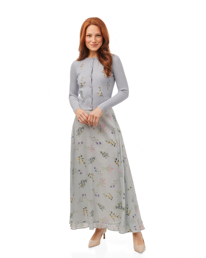 Embroidered Ribbed Knit Cardigan - Light Blue