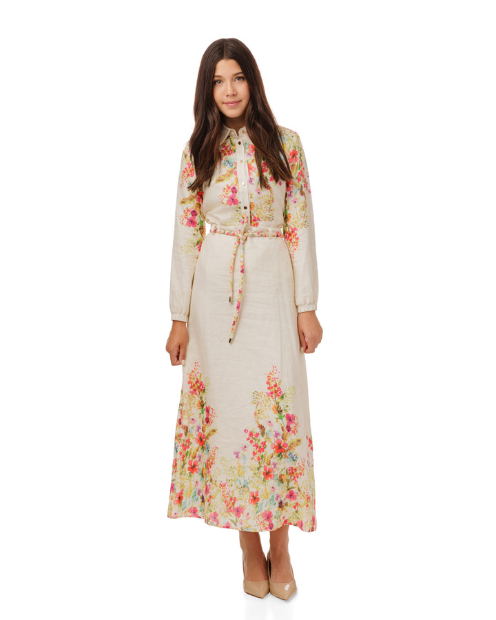 Ivory Linen Shirt With Multicolored Floral Print