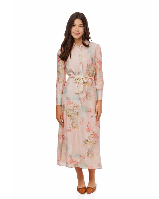 Butterfly Print Pink Dress With Braided Belt