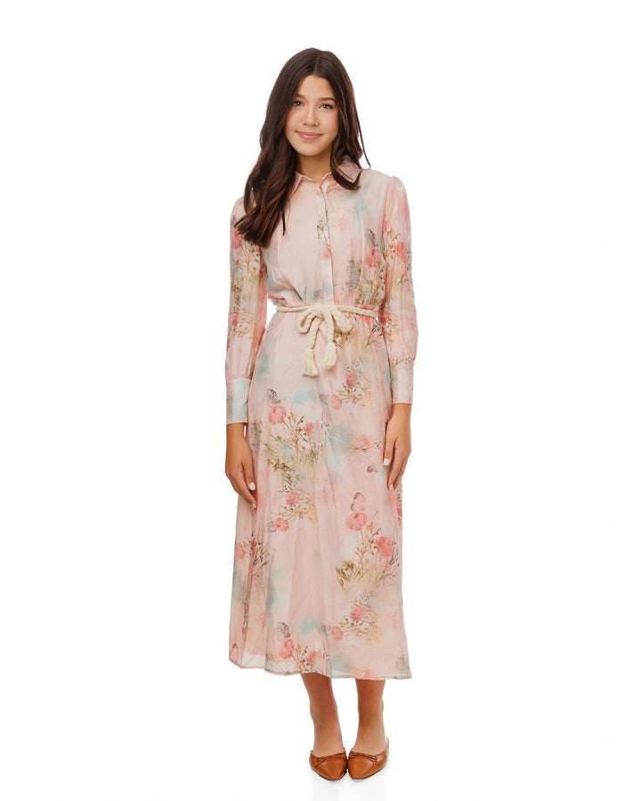 Butterfly Print Pink Dress With Braided Belt