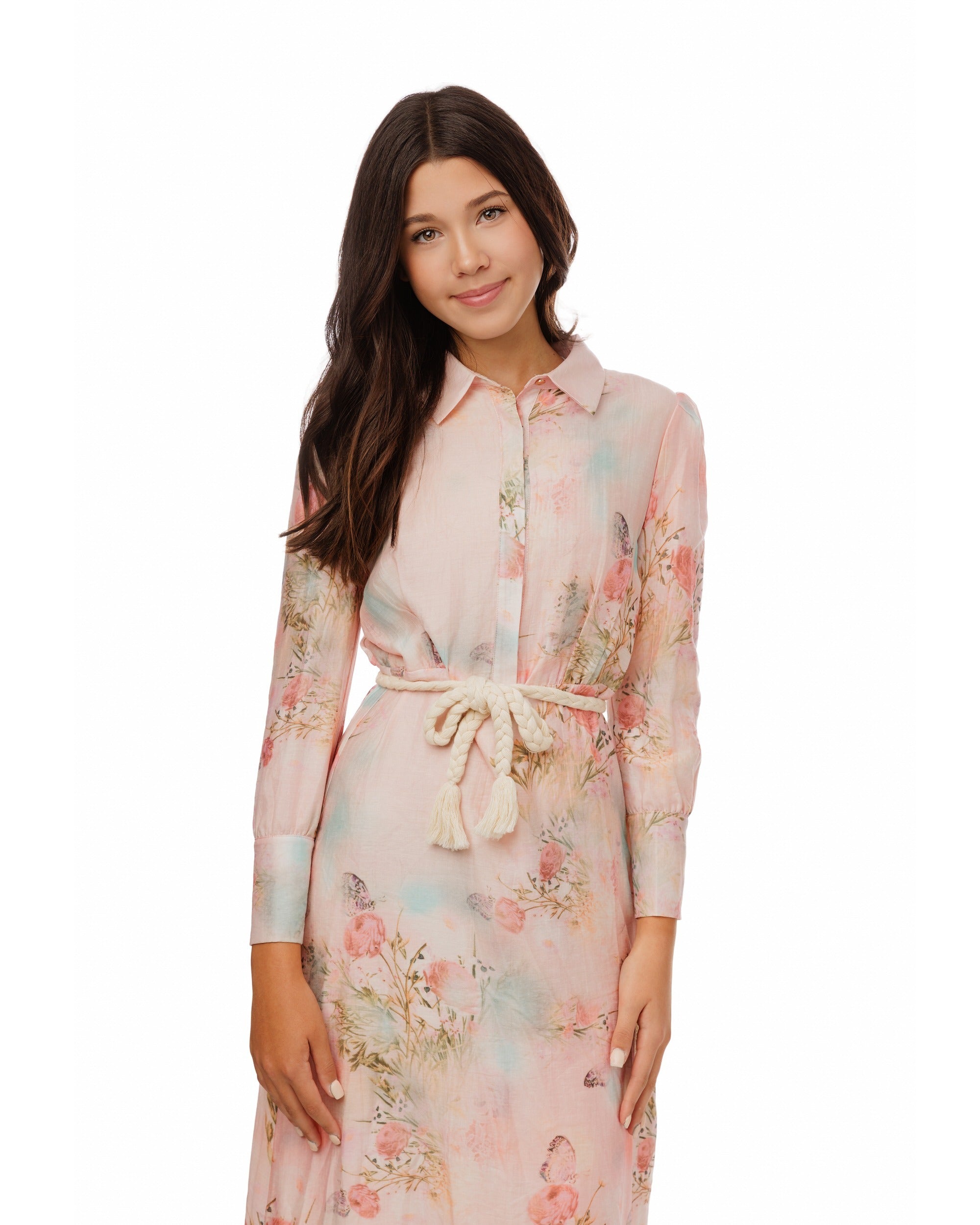 Butterfly Print Pink Dress With Braided Belt