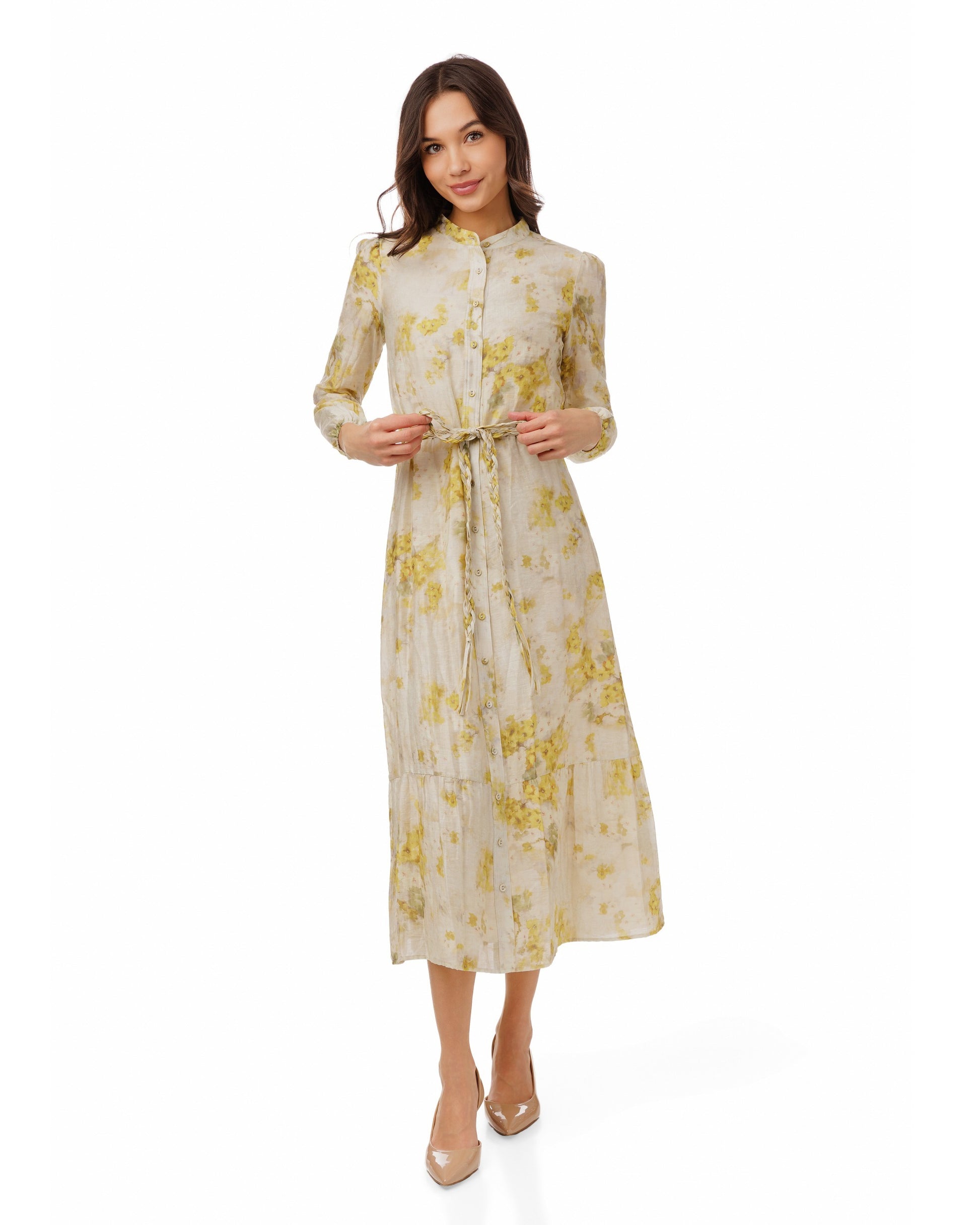 Cream Dress With Floral Print - Yellow