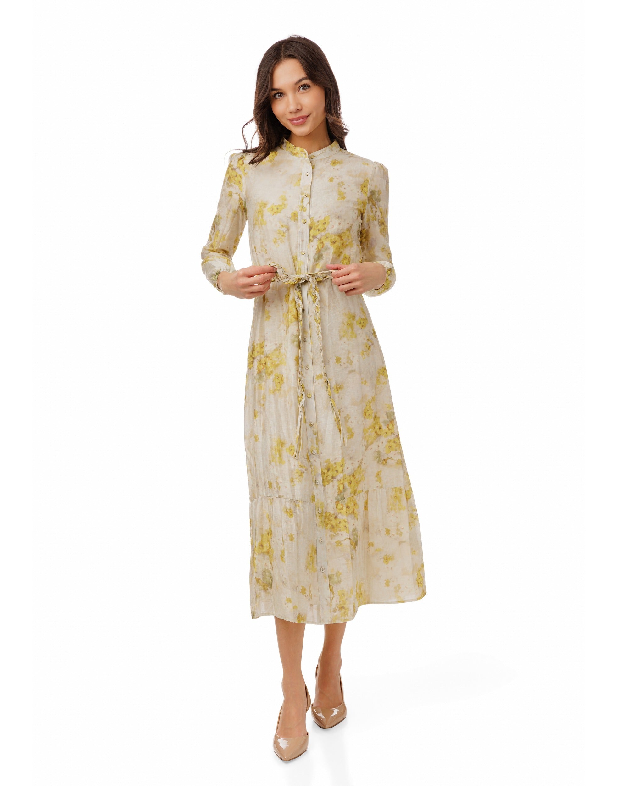 Cream Dress With Floral Print - Yellow