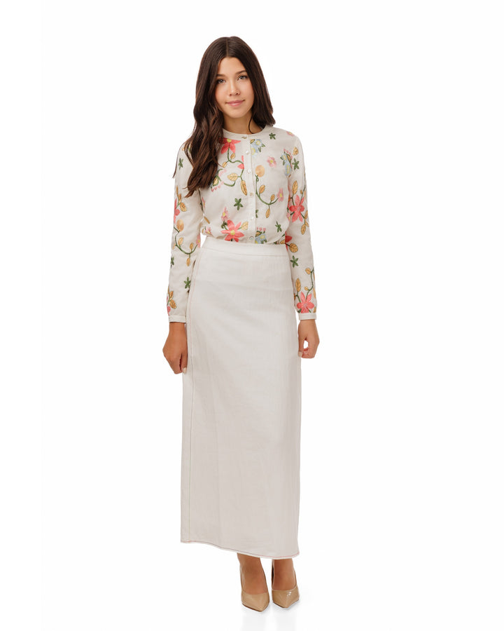 White Blouse With Colorful Flower Embroidery